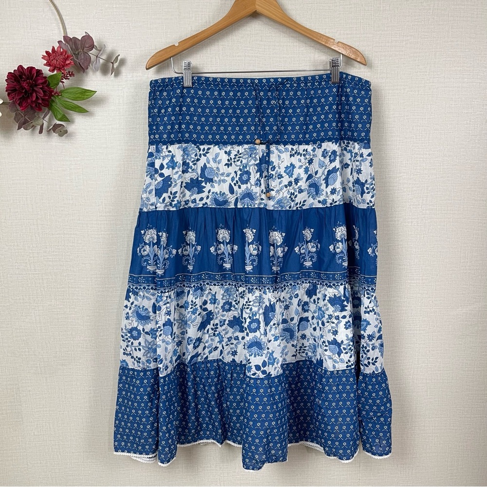 Ralph Lauren Cotton White Blue Floral Tiered Flared Midi Skirt Petite Medium